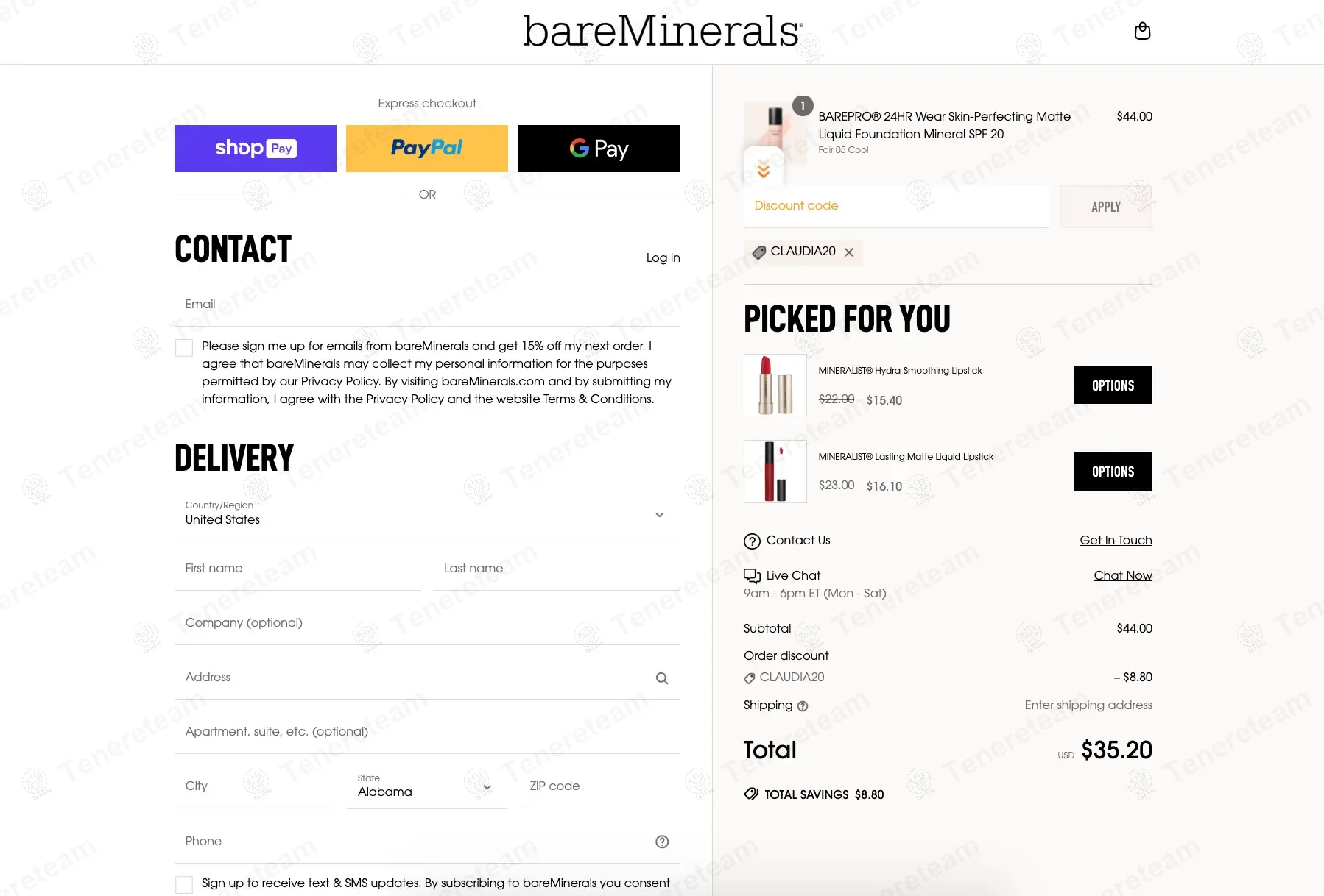 Bare Minerals coupon code: 20% off with CLAUDIA20. Tested and valid as 10 months ago.