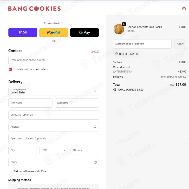 Bang Cookies coupon code: 10% off with TENERETEAM. Tested and valid as 1 month ago.