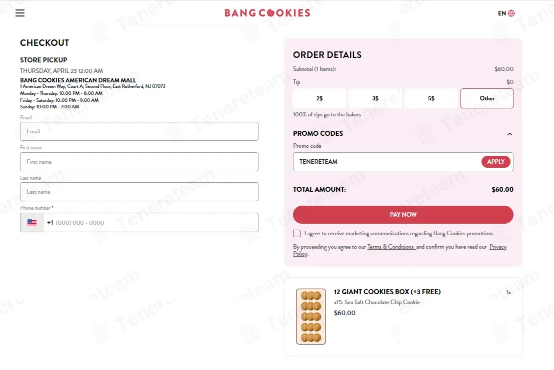 Bang Cookies coupon code: 10% off with TENERETEAM. Tested and valid as 1 month ago.