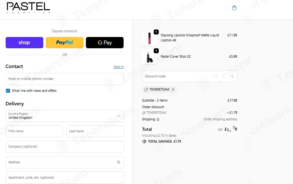 Pastel Cosmetics UK coupon code: 10% off with TENERETEAM. Tested and valid as 2 months ago.