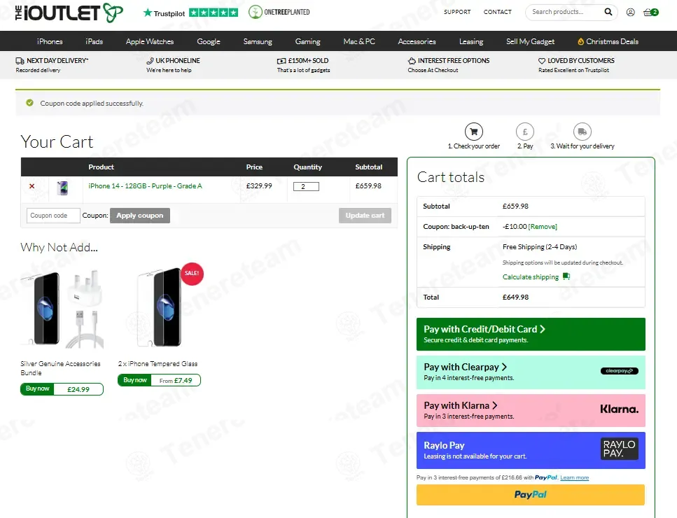 The iOutlet coupon code: £10 off with want5. Tested and valid as 3 months ago.