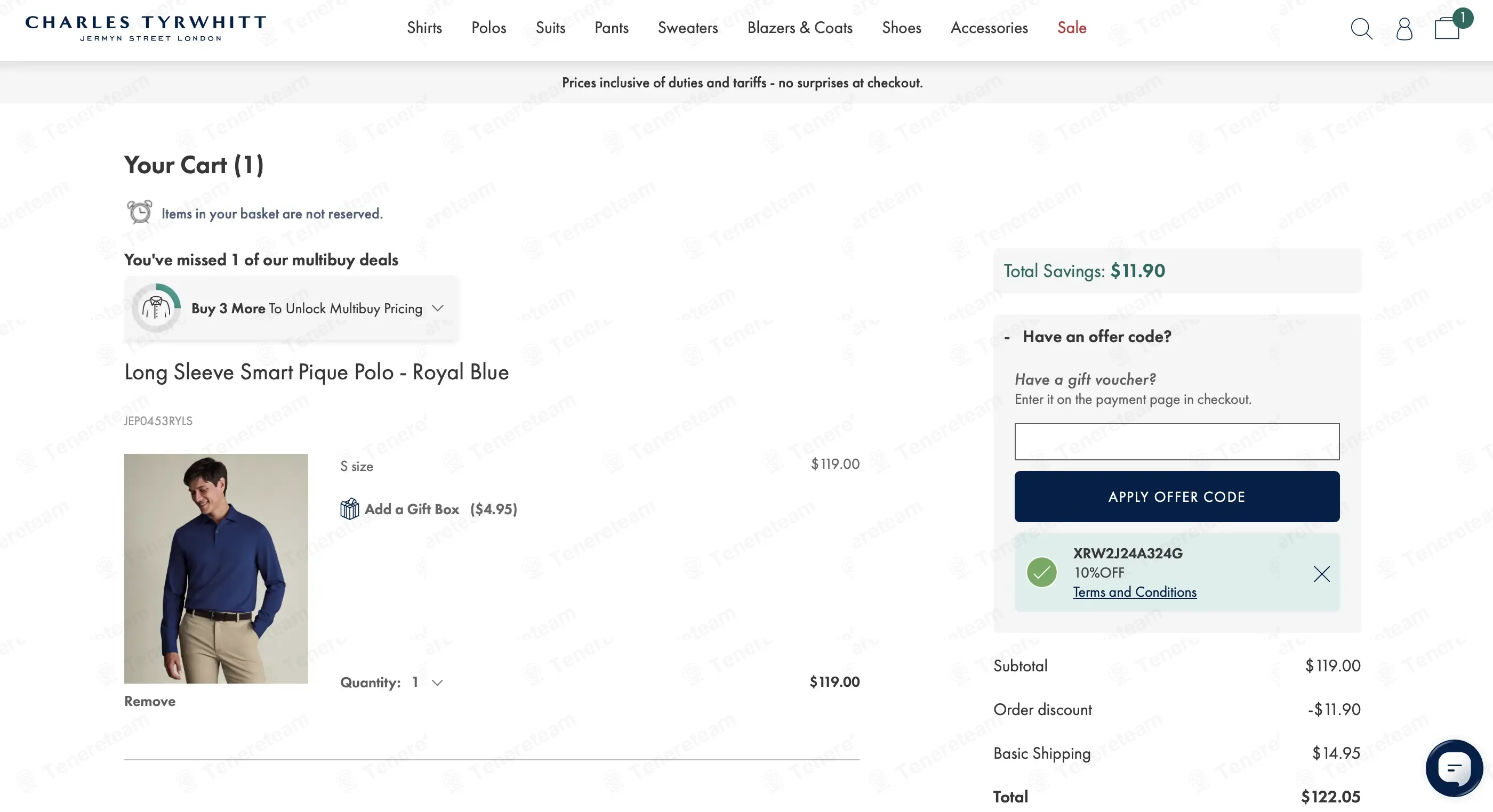 Charles Tyrwhitt coupon code: 10% off with XRW2J24A324G. Tested and valid as 5 months ago.