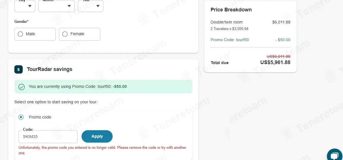 TourRadar coupon code: $25 off with SKIM25. Tested and valid as 2 weeks ago.