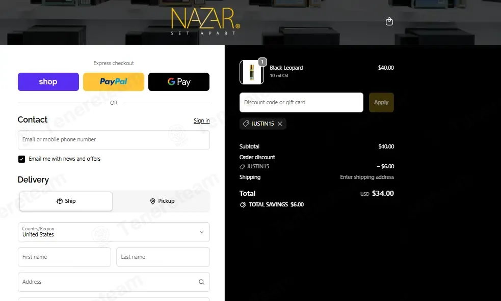 Nazar Fragrances coupon code: 15% off with JUSTIN15. Tested and valid as 1 month ago.