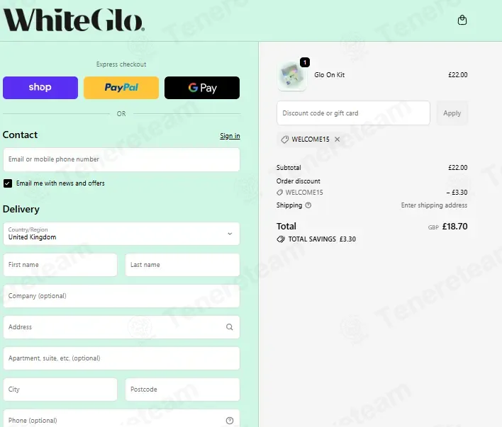 White Glo coupon code: 15% off with WELCOME15. Tested and valid as 2 months ago.