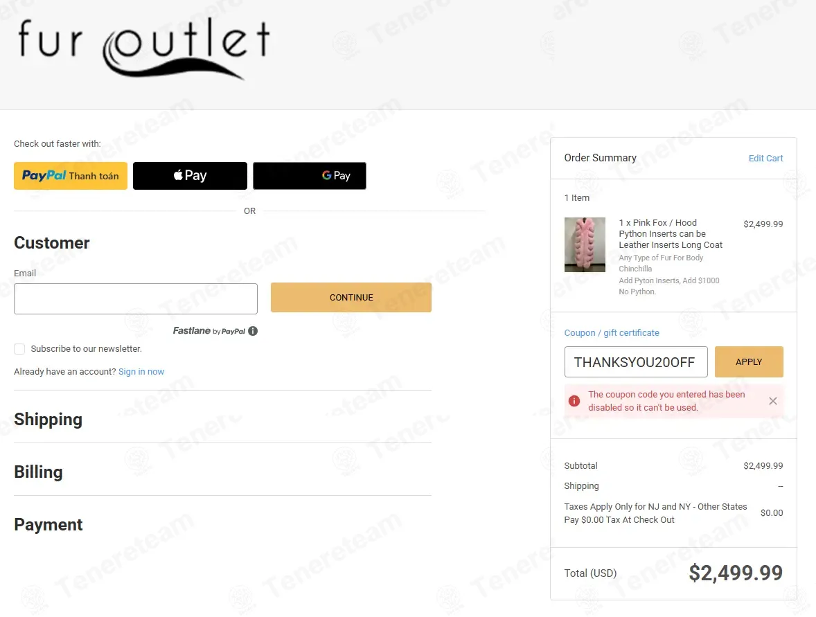 Fur Outlet coupon code: 20% off with THANKSYOU20OFF. Tested and valid as 2 months ago.