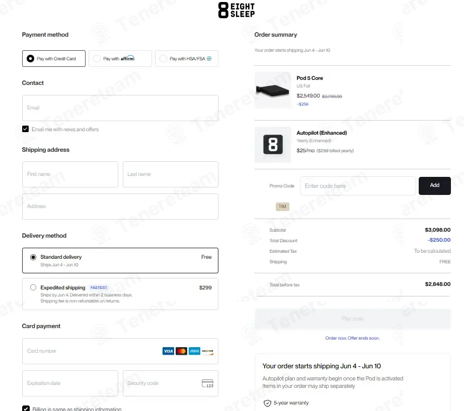 Eight Sleep coupon code: $250 off with TIM. Tested and valid as 4 weeks ago.