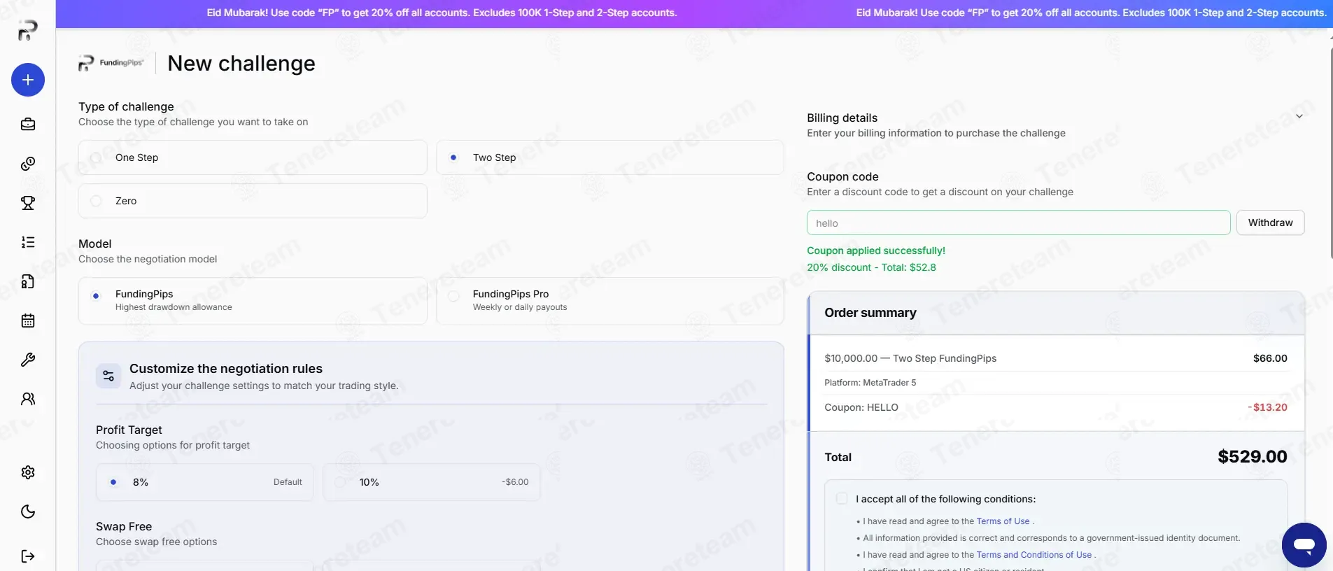 Funding Pips coupon code: 20% off with hello. Tested and valid as 2 months ago.