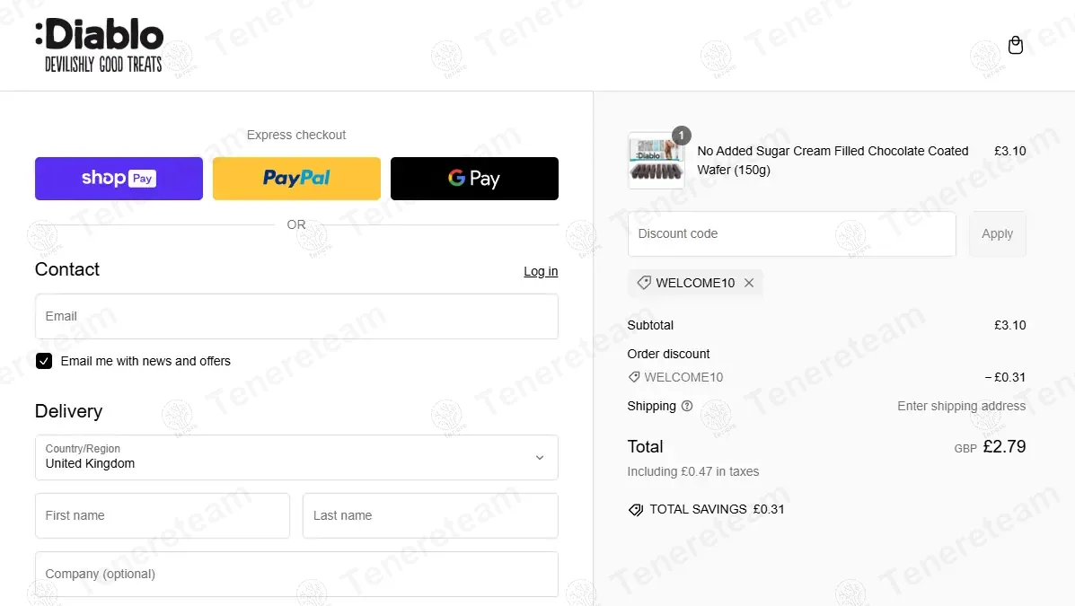 Diablo Sugar Free coupon code: 10% off with WELCOME10. Tested and valid as 1 year ago.