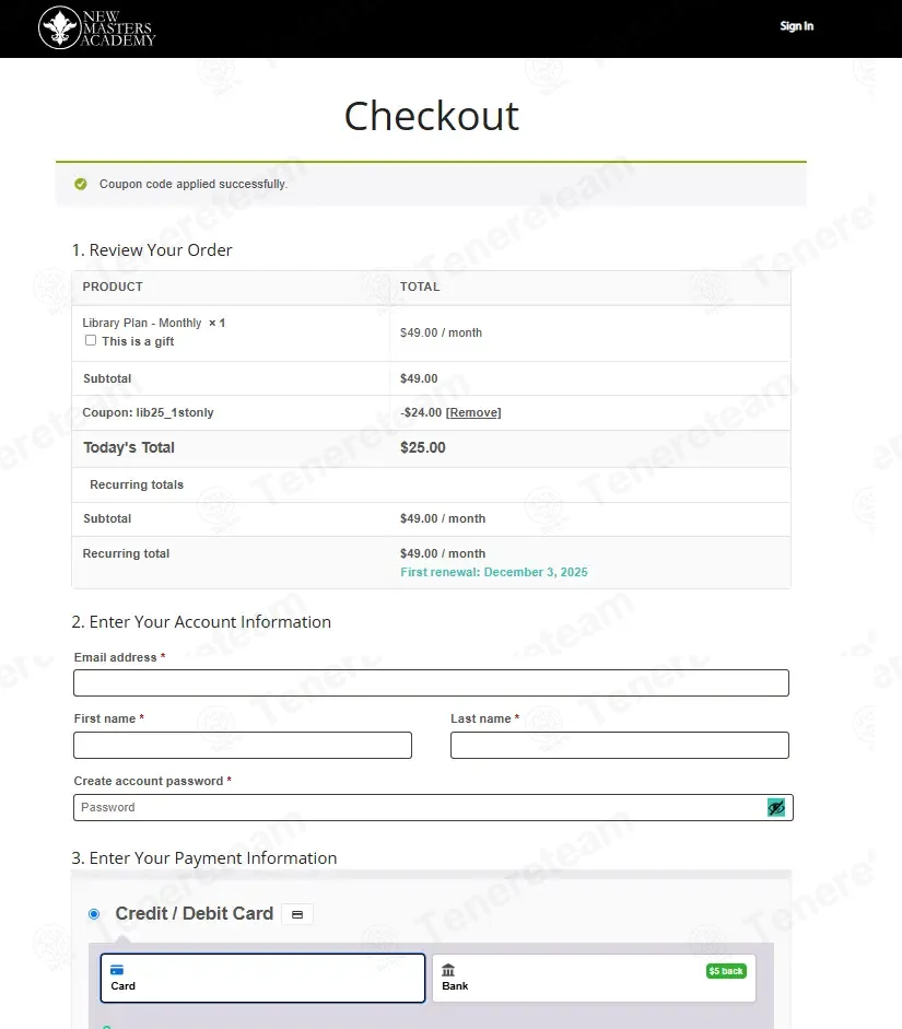 New Masters Academy coupon code: 49% off with lib25_1stonly. Tested and valid as 7 months ago.
