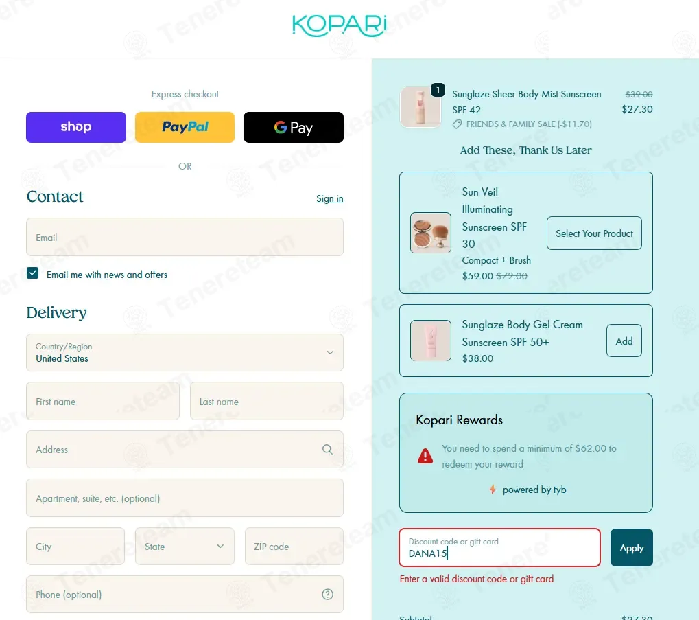 Kopari coupon code: 15% off with DANA15. Tested and valid as 2 months ago.