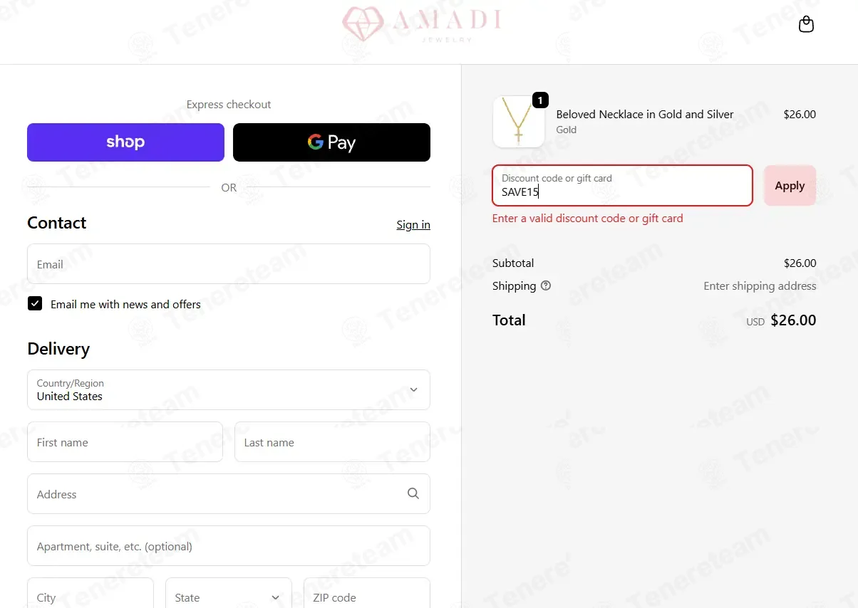 AMADI Jewelry coupon code: 15% off with SAVE15. Tested and valid as 3 weeks ago.