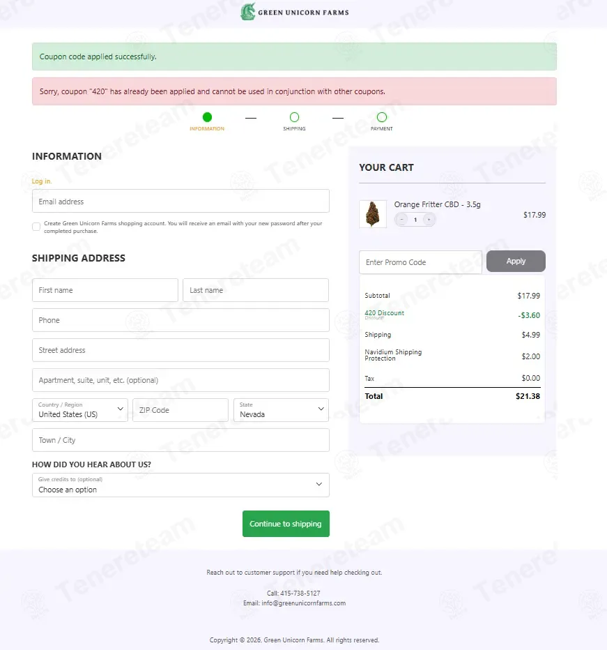 Green Unicorn Farms coupon code: 20% off with 420. Tested and valid as 1 month ago.
