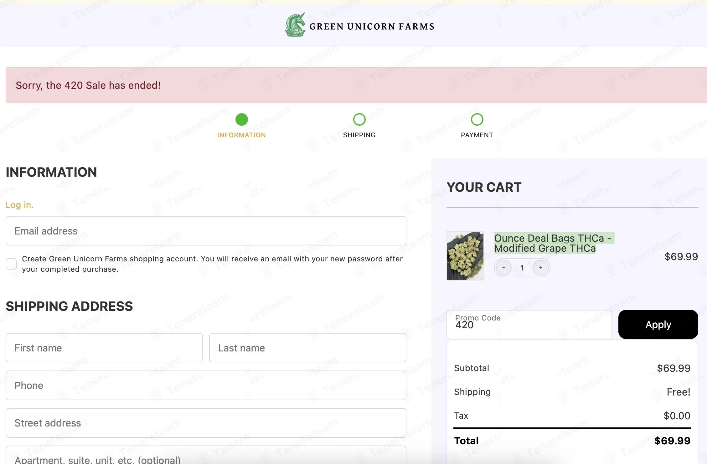 Green Unicorn Farms coupon code: 20% off with 420. Tested and valid as 1 month ago.