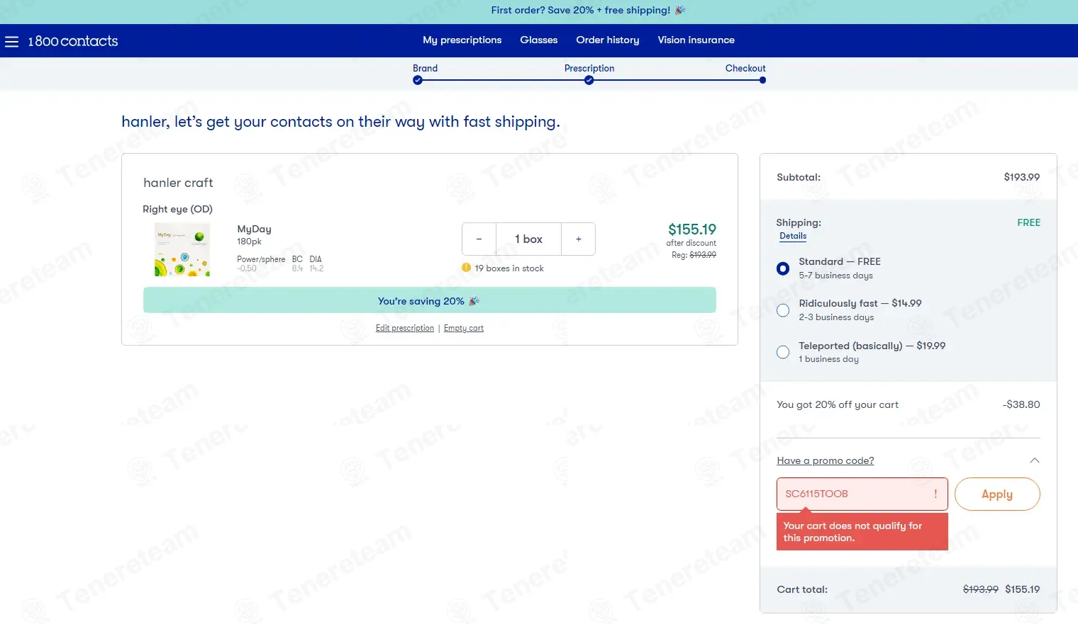 1-800 Contacts coupon code: $20 off with SC6115TOOB. Tested and valid as 1 minute ago.