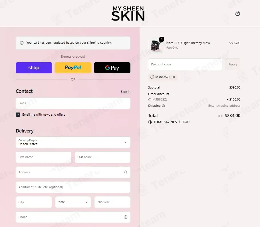 My Sheen Skin coupon code: 10% off with M3B65SZL. Tested and valid as 4 months ago.