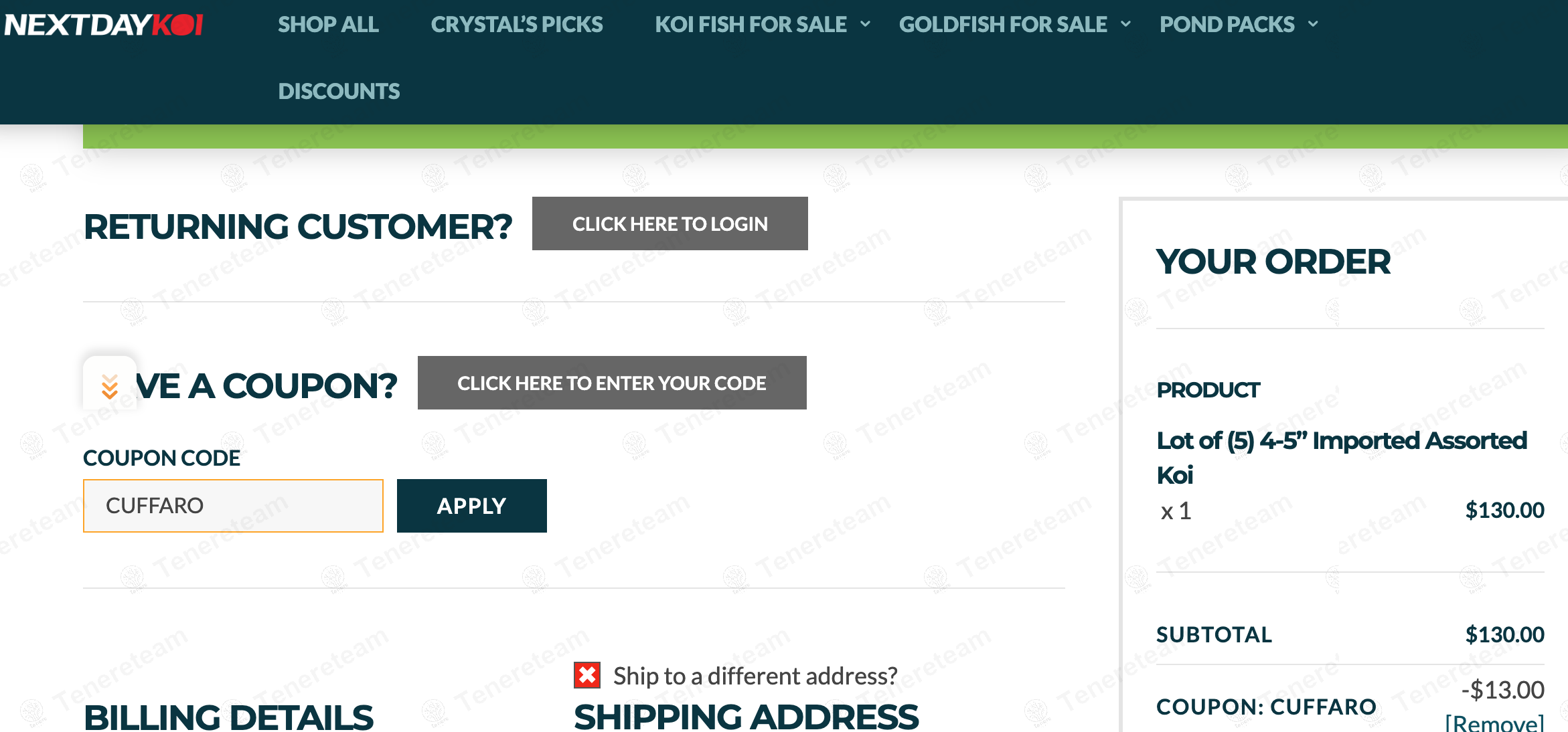 Next Day Koi coupon code: 10% off with CUFFARO. Tested and valid as 1 year ago.