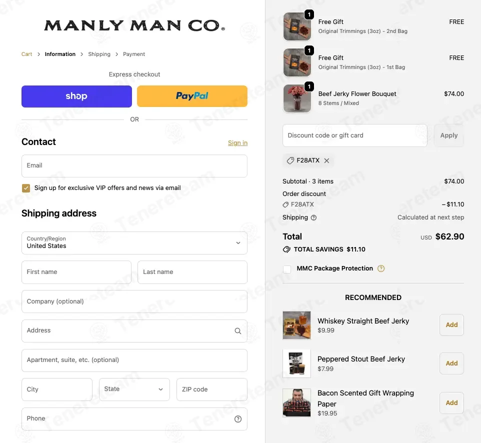 The Manly Man coupon code: 15% off with F28ATX. Tested and valid as 3 months ago.