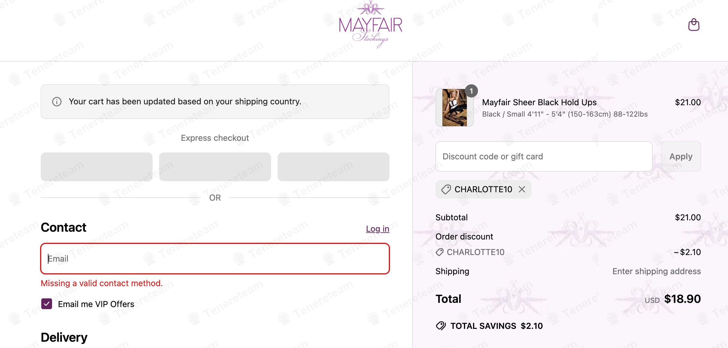 Mayfair Stockings coupon code: 10% off with CHARLOTTE10. Tested and valid as 1 year ago.