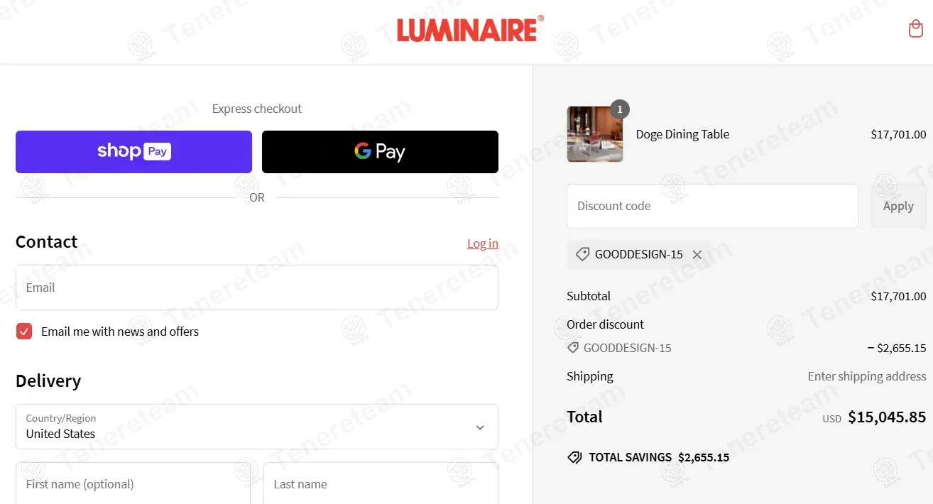 Luminaire coupon code: 15% off with GOODDESIGN15. Tested and valid as 11 months ago.