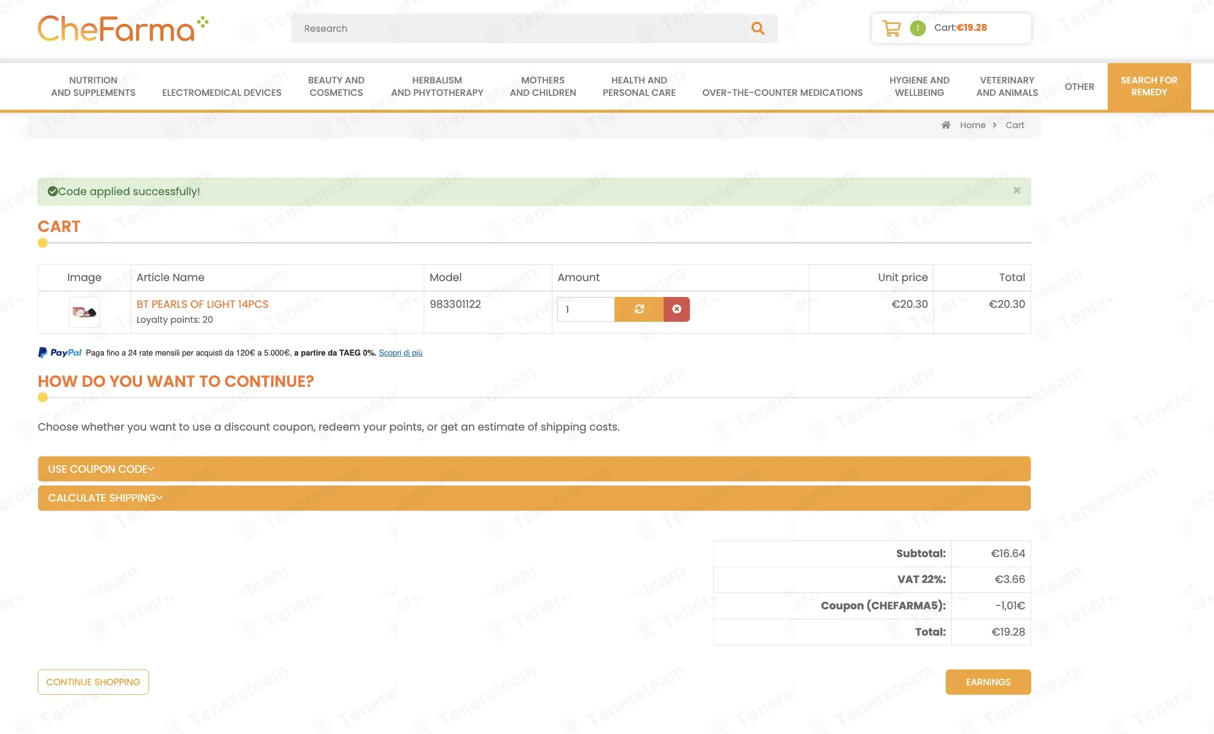 Che Farma IT coupon code: 5% off with CHEFARMA5. Tested and valid as 1 month ago.