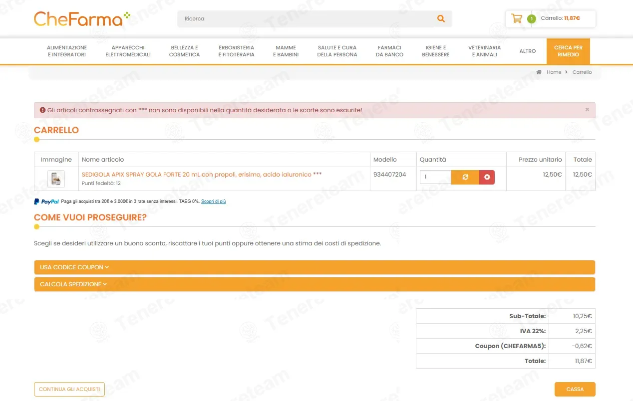 Che Farma IT coupon code: 5% off with CHEFARMA5. Tested and valid as 1 month ago.