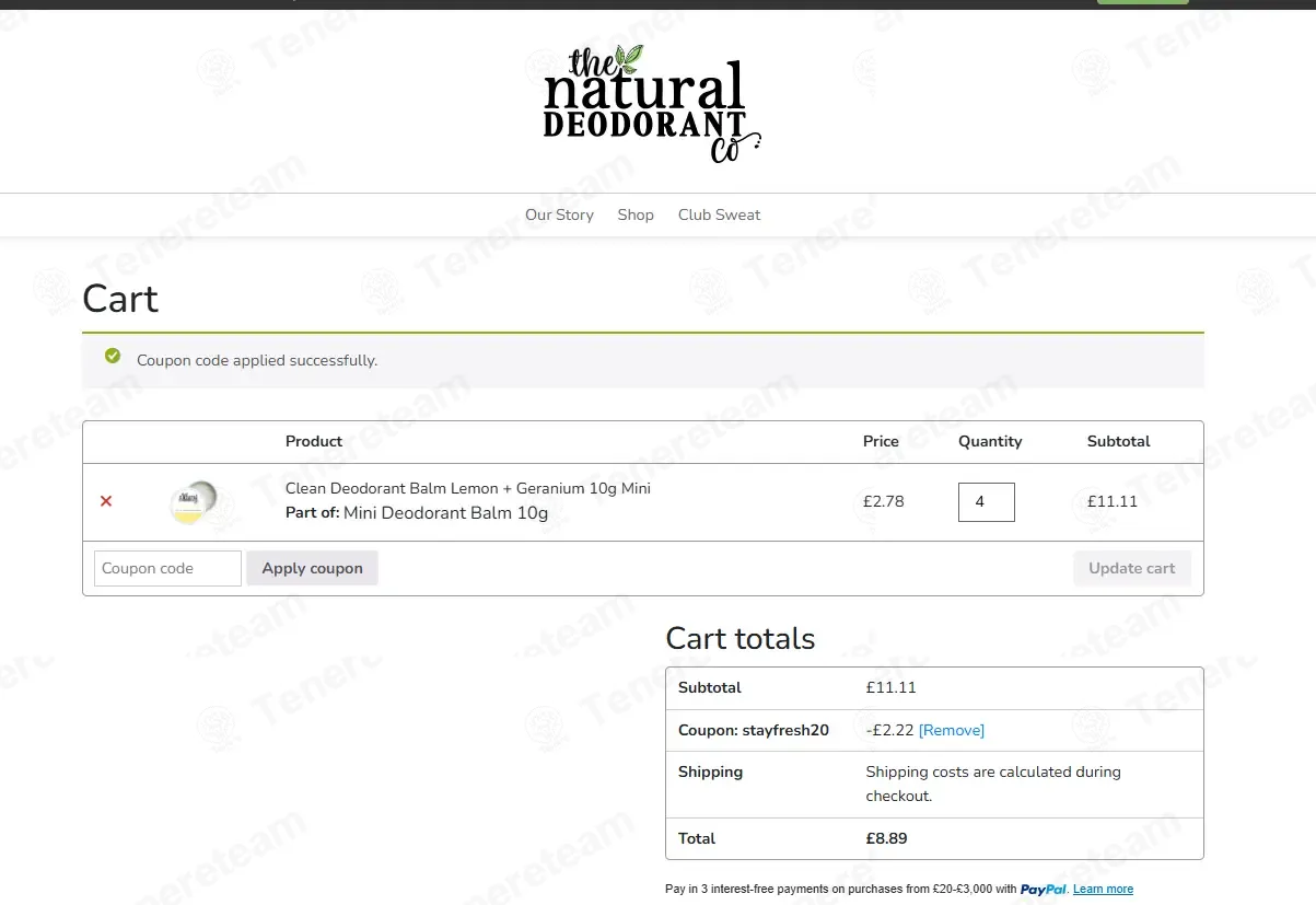 The Natural Deodorant Co coupon code: 20% off with stayfresh20. Tested and valid as 1 month ago.