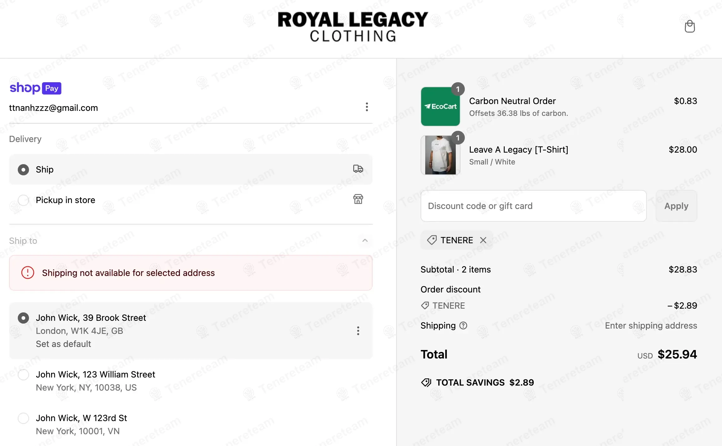 Royal Legacy Clothing coupon code: 10% off with TENERE. Tested and valid as 1 year ago.