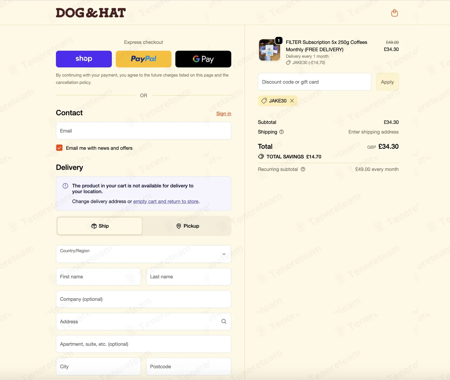 Dog & Hat Coffee UK coupon code: 30% off with JAKE30. Tested and valid as 2 weeks ago.