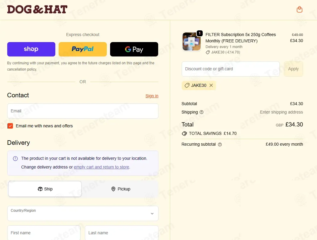 Dog & Hat Coffee UK coupon code: 30% off with JAKE30. Tested and valid as 2 weeks ago.