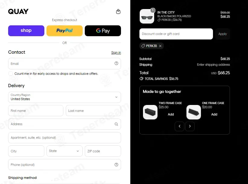 Quay coupon code: 35% off with PERK35. Tested and valid as 3 weeks ago.