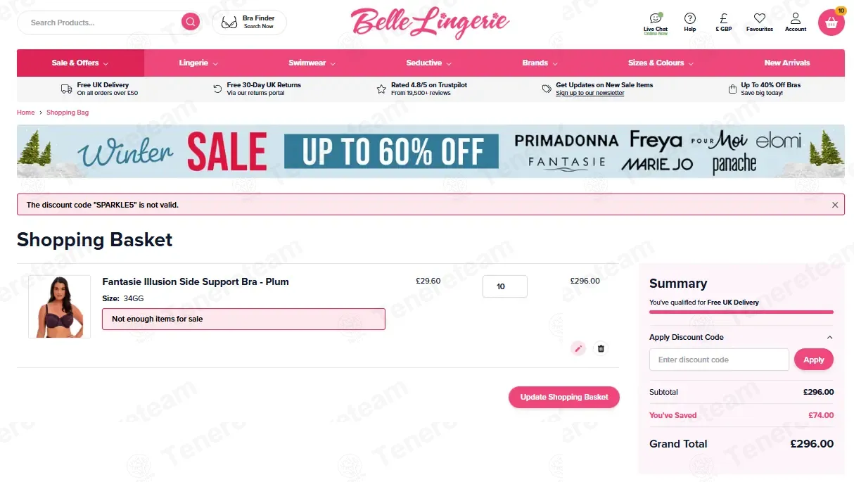 Belle Lingerie coupon code: £10 off with SPARKLE10. Tested and valid as 3 months ago.