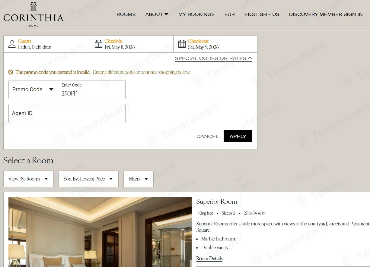Corinthia Hotel coupon code: 25% off with 25OFF. Tested and valid as 1 month ago.