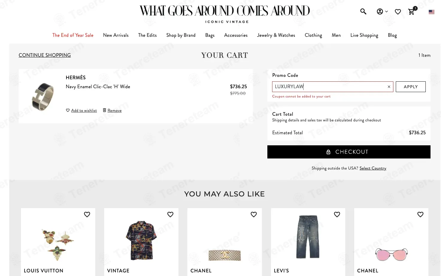 What Goes Around Comes Around coupon code: 10% off with LUXURYLAW. Tested and valid as 3 months ago.