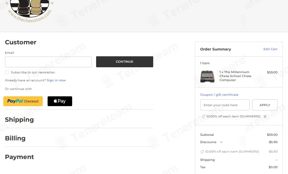 The Chess Store coupon code: 10% off with SUMMER10. Tested and valid as 1 week ago.
