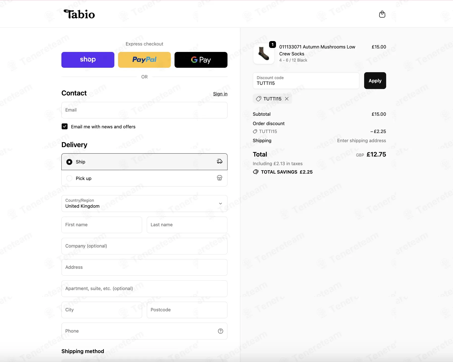 Tabio London coupon code: 15% off with TUTTI15. Tested and valid as 8 months ago.