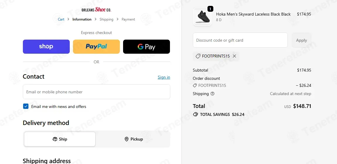 Orleans Shoe Co coupon code: 15% off with FOOTPRINTS15. Tested and valid as 1 month ago.