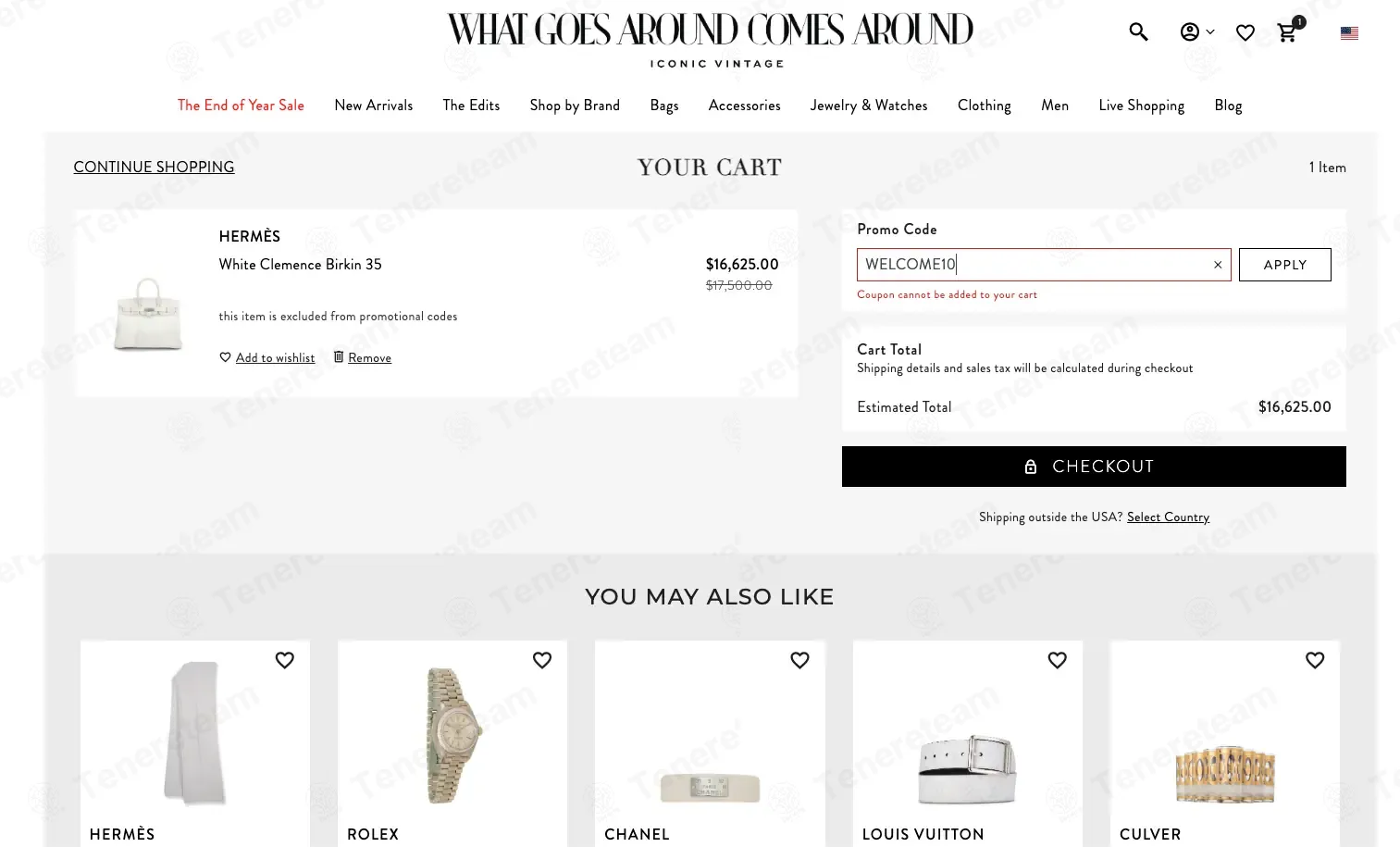 What Goes Around Comes Around coupon code: 10% off with WELCOME10. Tested and valid as 3 months ago.