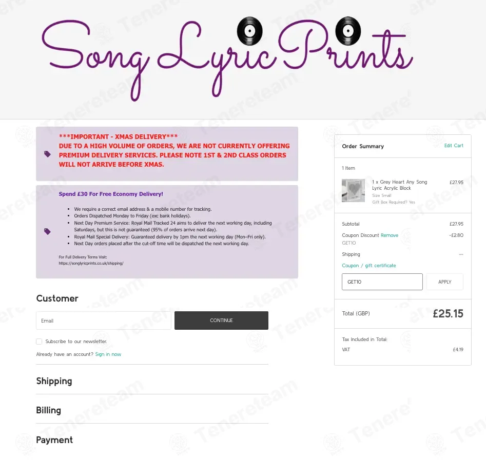 Song Lyric Prints coupon code: 10% off with GET10. Tested and valid as 1 week ago.