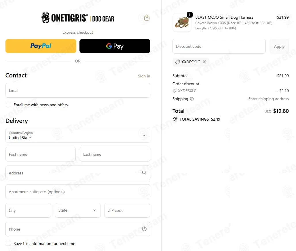 One Tigris Dog Gear coupon code: 10% off with XXDESXLC. Tested and valid as 4 weeks ago.