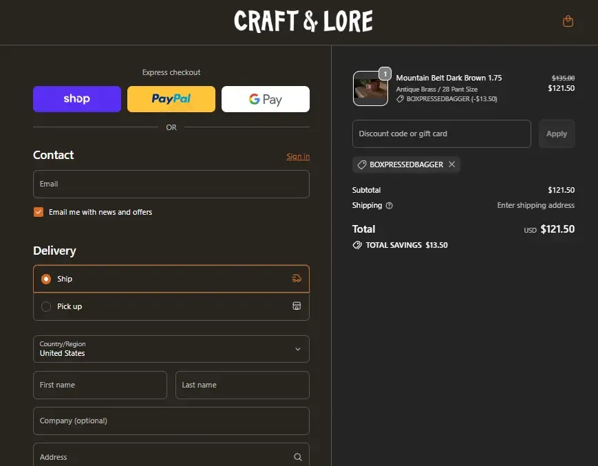 Craft and Lore coupon code: 10% off with BOXPRESSEDBAGGER. Tested and valid as 7 months ago.