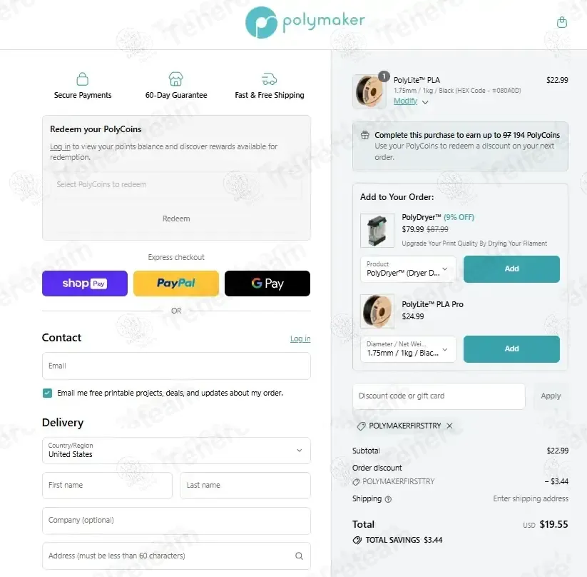 Polymaker coupon code: 15% off with POLYMAKERFIRSTTRY. Tested and valid as 2 weeks ago.