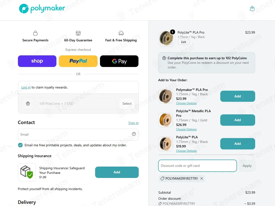 Polymaker coupon code: 15% off with POLYMAKERFIRSTTRY. Tested and valid as 2 weeks ago.
