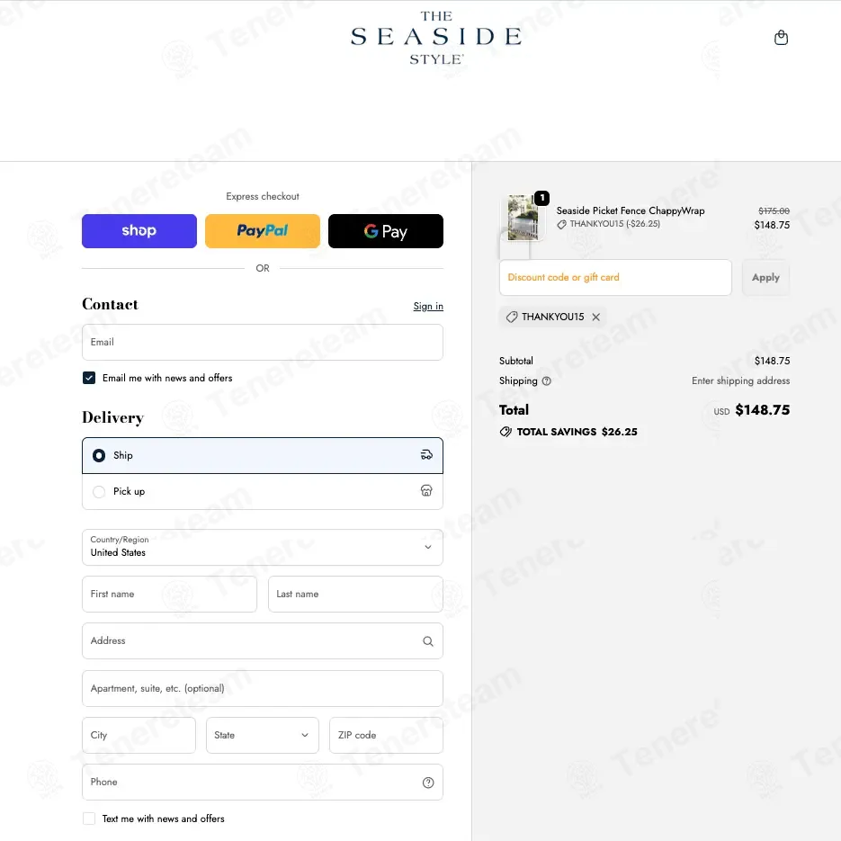 The Seaside Style coupon code: 15% off with THANKYOU15. Tested and valid as 8 months ago.