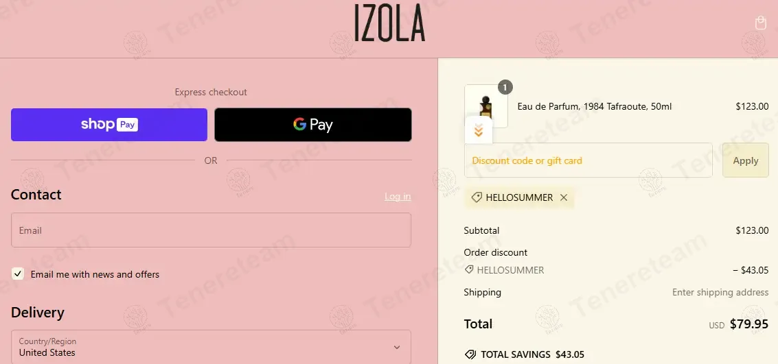 Izola coupon code: 35% off with HELLOSUMMER. Tested and valid as 1 year ago.