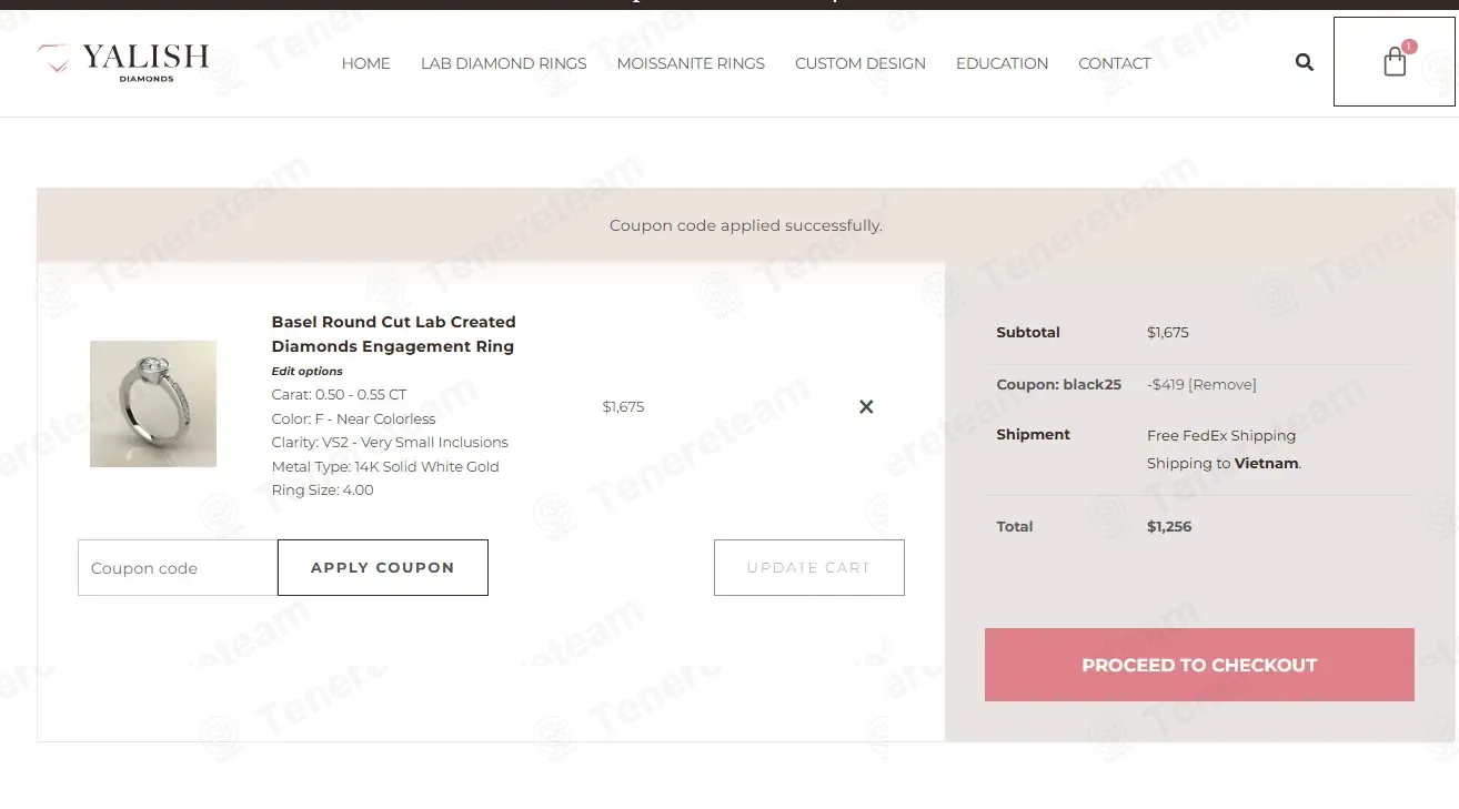 Yalish Diamonds coupon code: 25% off with BLACK25. Tested and valid as 3 weeks ago.