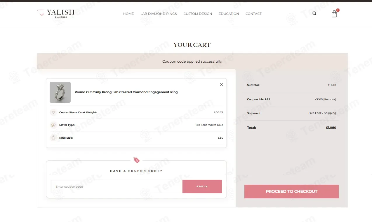 Yalish Diamonds coupon code: 25% off with BLACK25. Tested and valid as 3 weeks ago.
