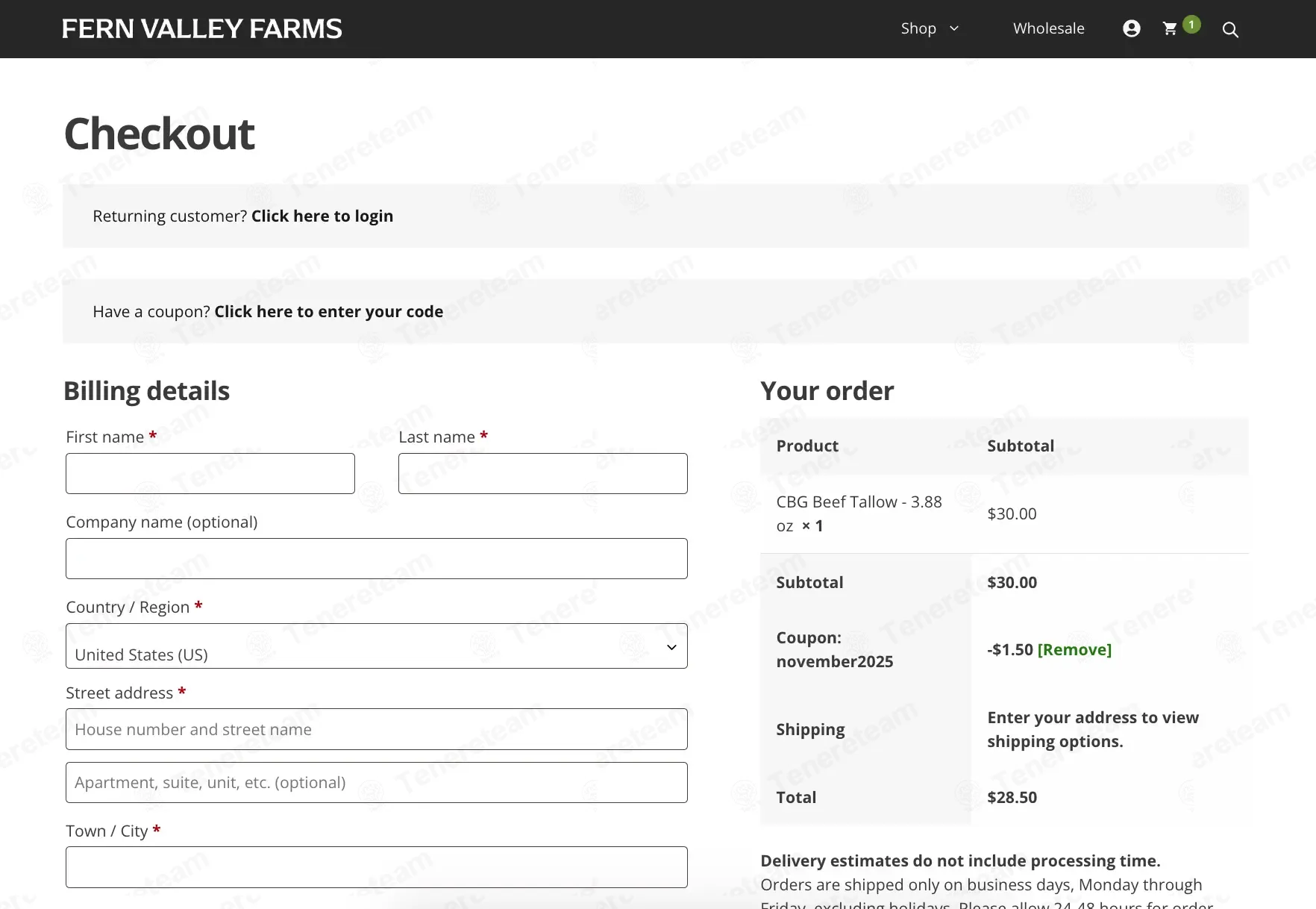 Fern Valley Farms coupon code: 5% off with NOVEMBER2025. Tested and valid as 8 months ago.