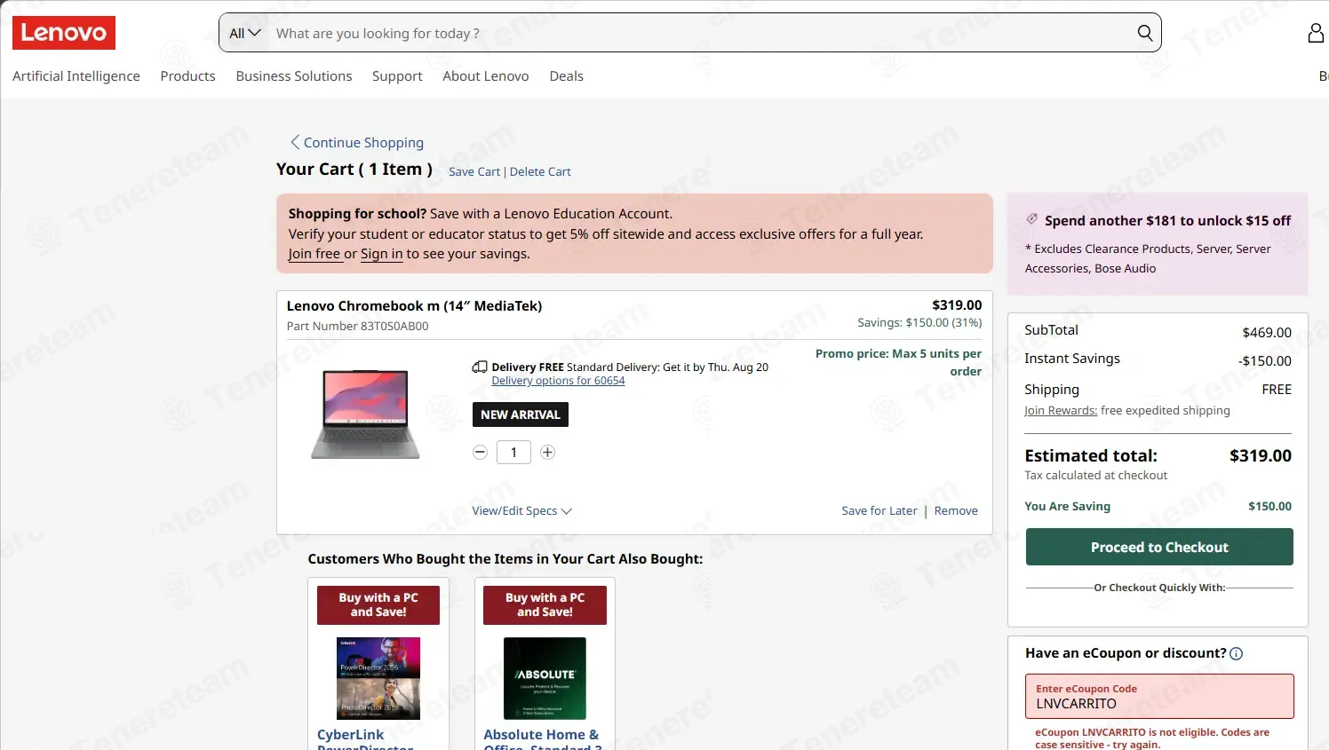Lenovo coupon code: Sale off with LNVCARRITO. Tested and valid as 1 week ago.