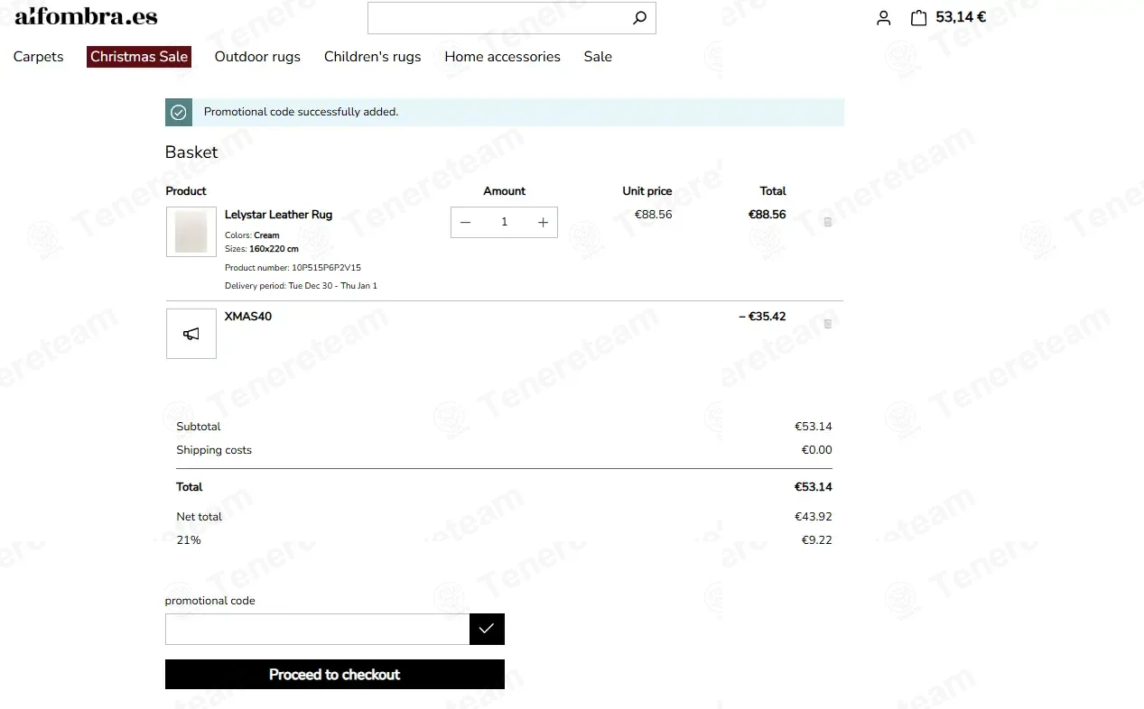Alfombra ES coupon code: 40% off with XMAS40. Tested and valid as 7 months ago.